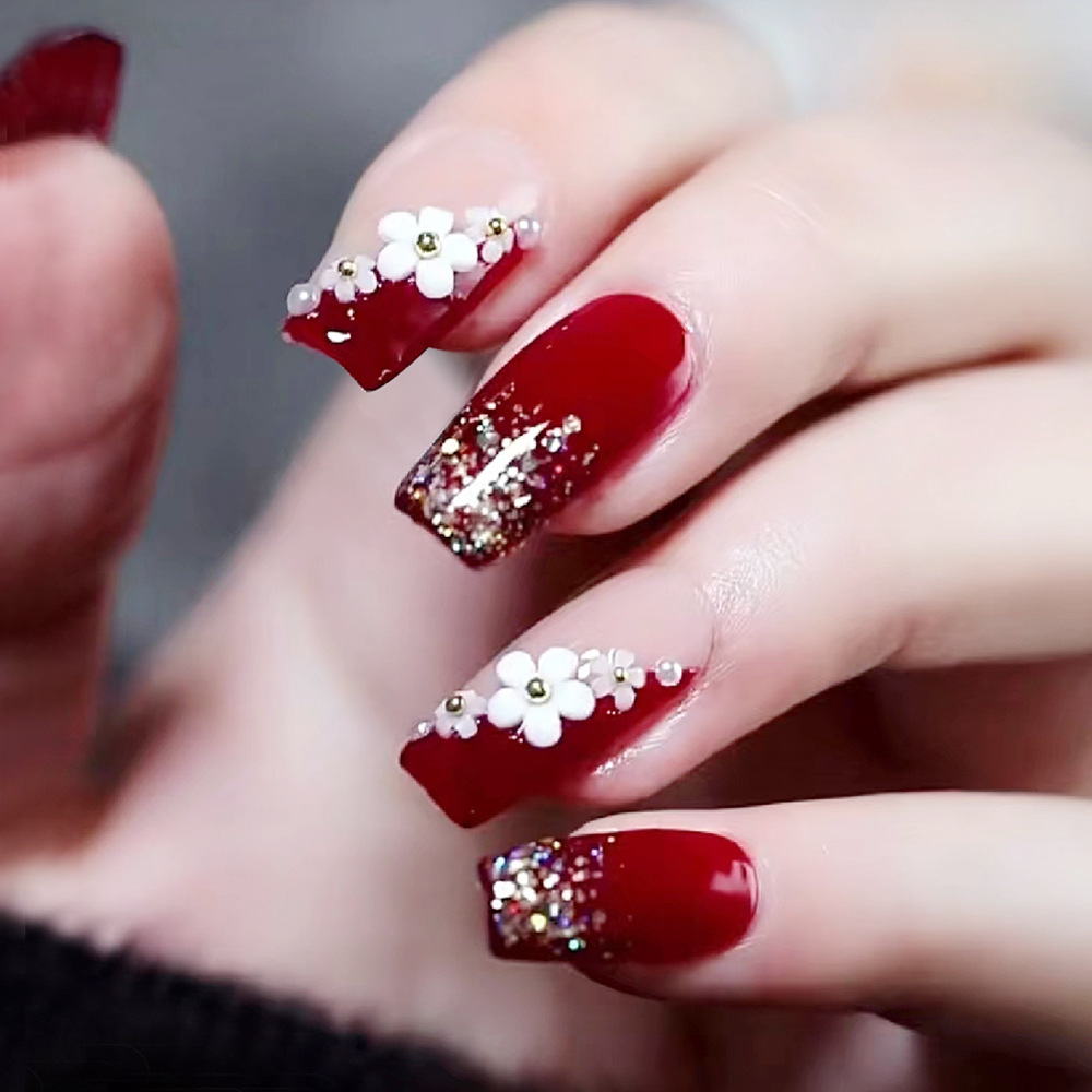 24 Stück glänzende rote Nägel  – Pressed Flower Art Bewertung und Preis